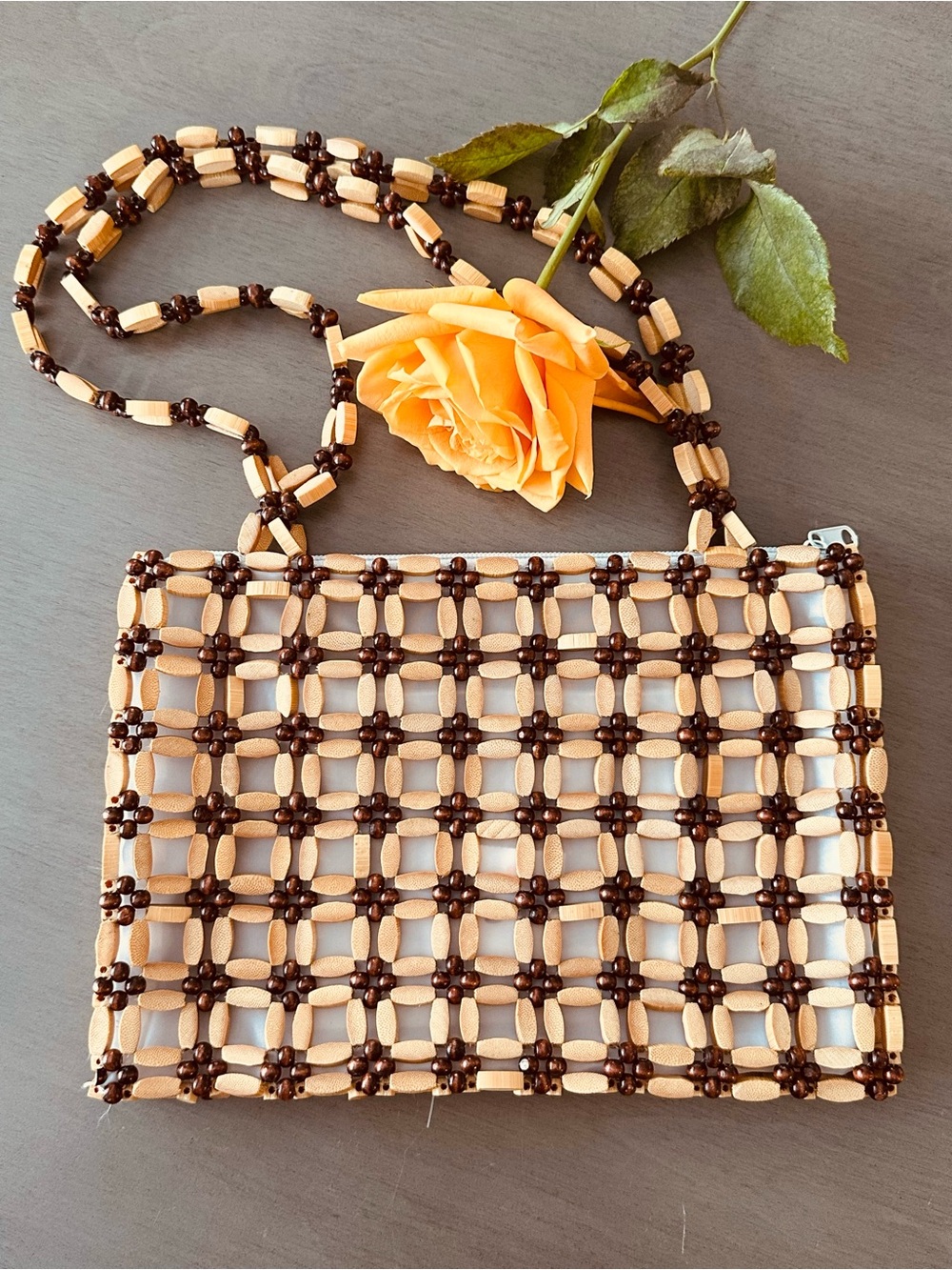 Boho Wood Beaded Lattice Grid Shoulder Bag in Tan and Brown Vintage Style